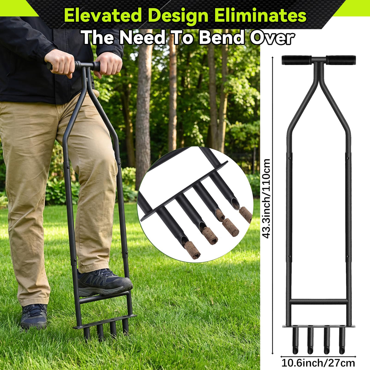Nowcamp ergonomic long-length aerator reduces knee and back strain during extended use.