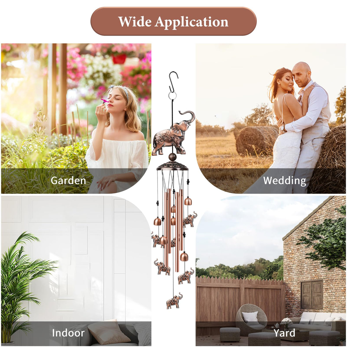 Nowpis elephant wind chime closeup shows detailed figures and bell charms.