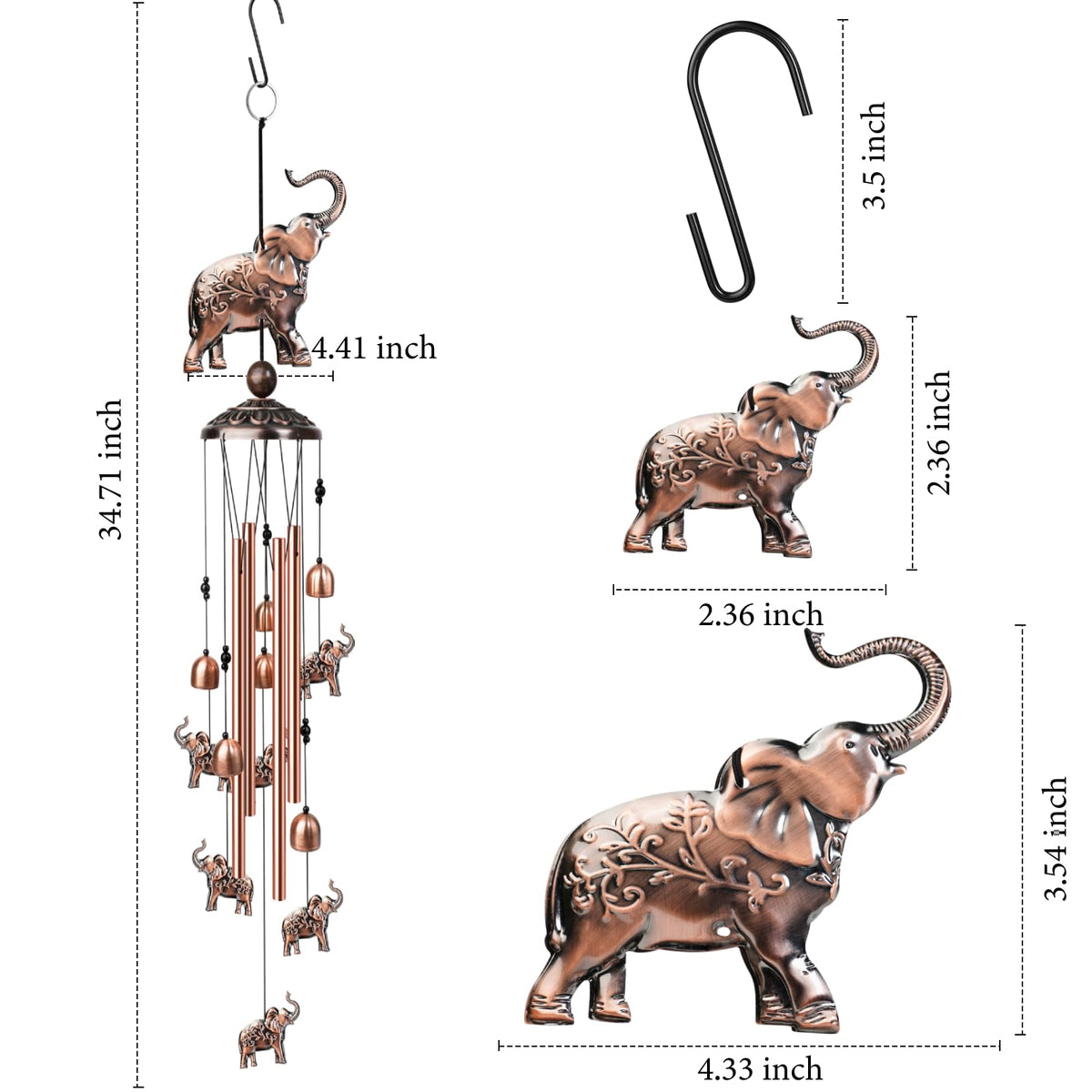 Nowpis elephant wind chime rose-gold tubes close-up emphasizes durable aluminum.