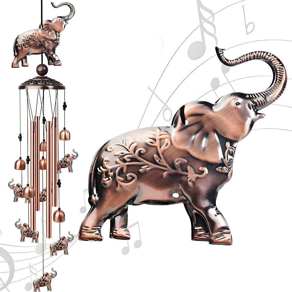 Nowpis elephant wind chime top view shows centerpiece with cascading elephants.
