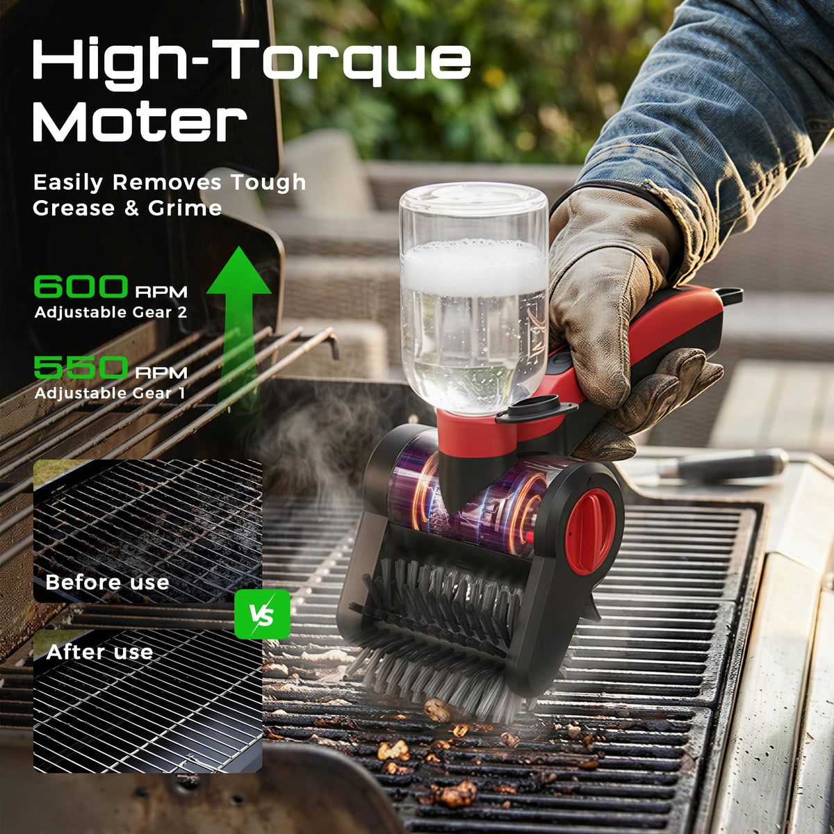 Nozrix electric grill brush IPX8 waterproof, safe to rinse.