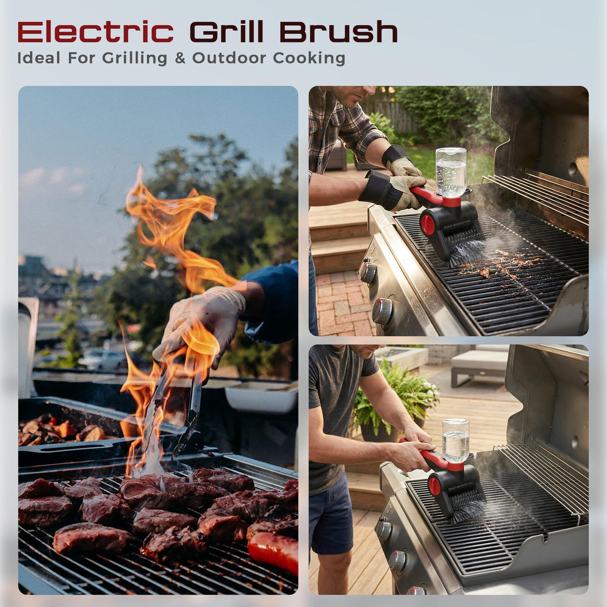 Nozrix electric grill brush splash guard and ergonomic handle.
