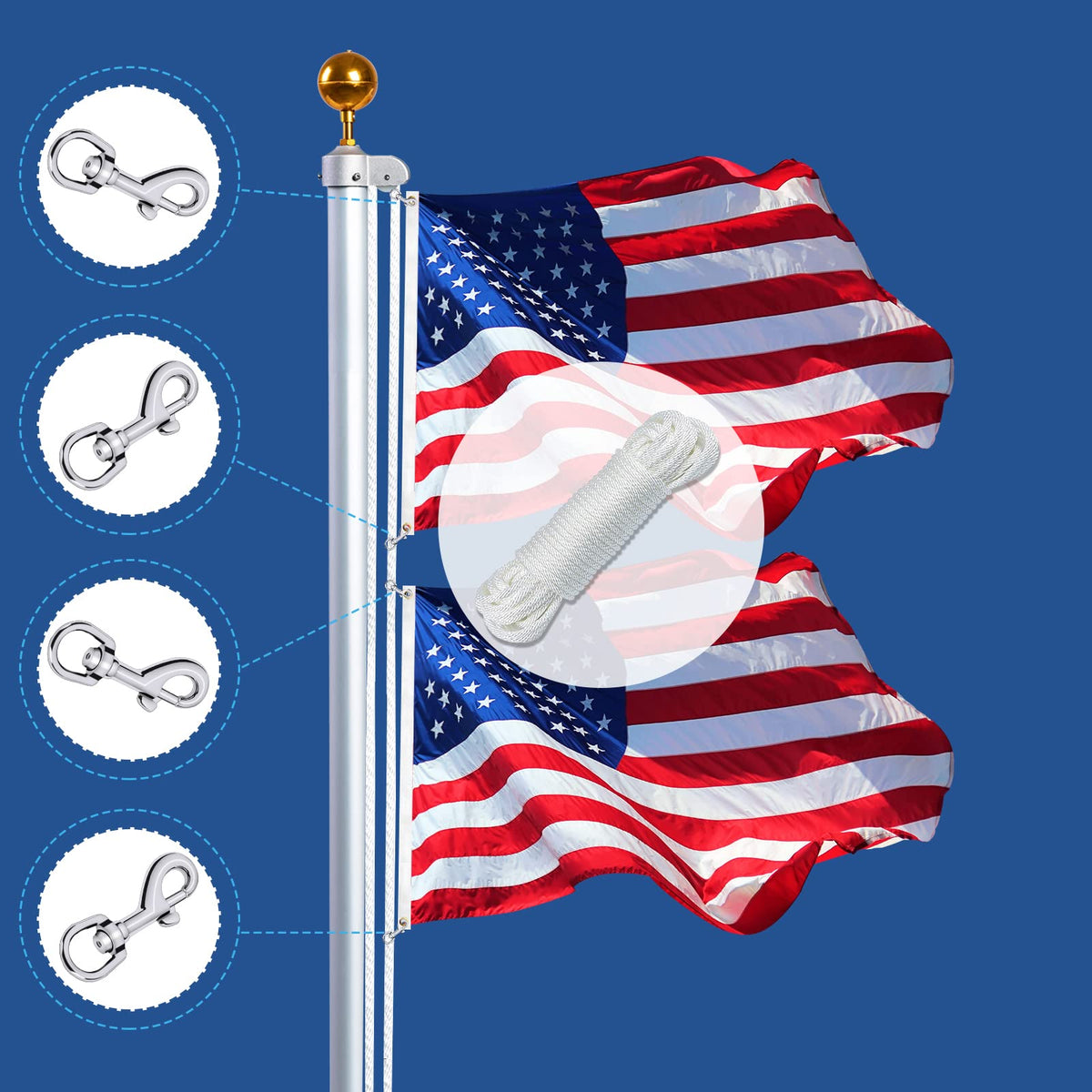 NQ four-pack flag snap hooks with zinc alloy bodies and stainless springs