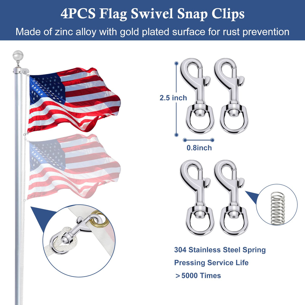 NQ flag swivel hooks 2.5-inch suitable for standard grommets and rope