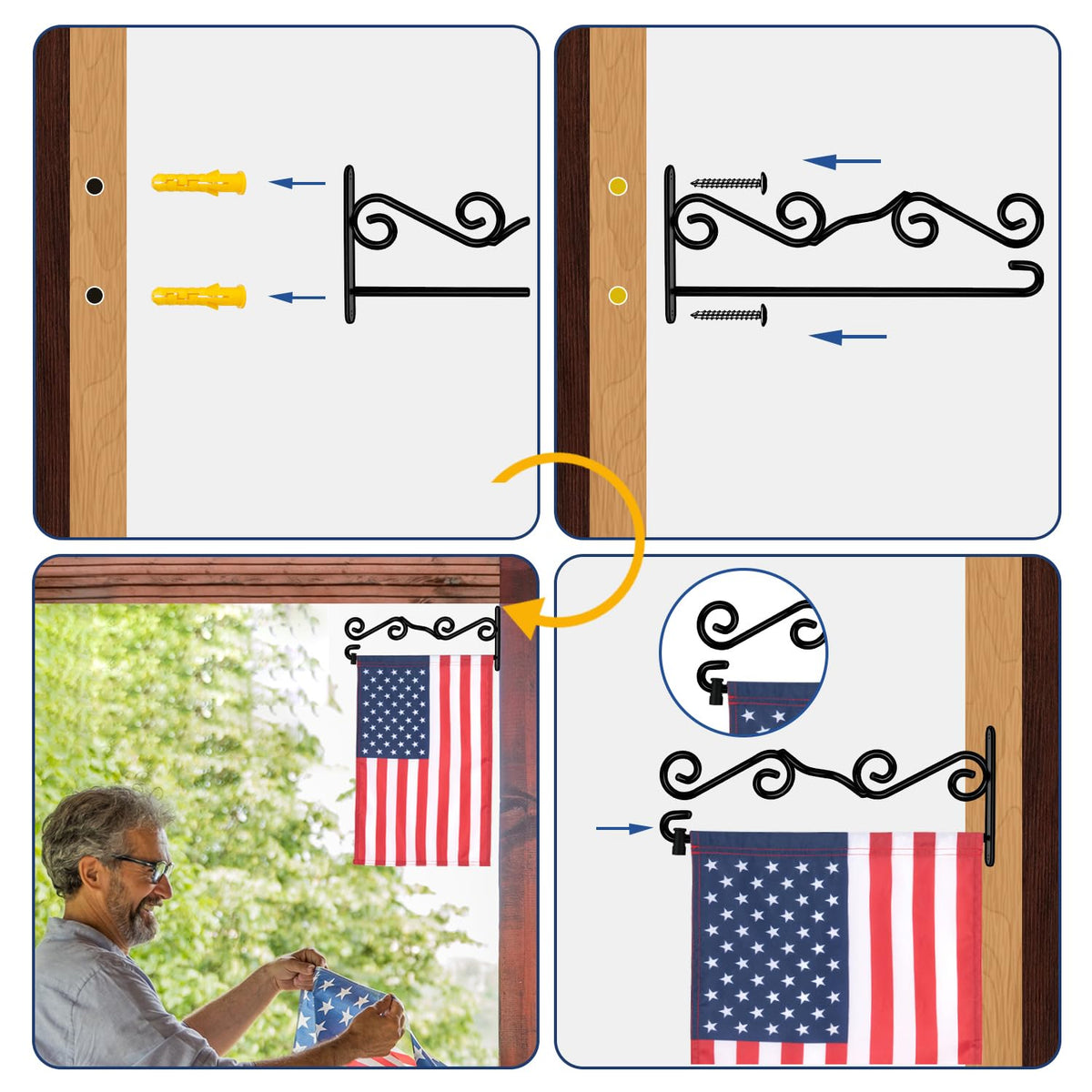 NQ Garden Flag Wall Hanger mounted on wall for versatile exterior decoration.