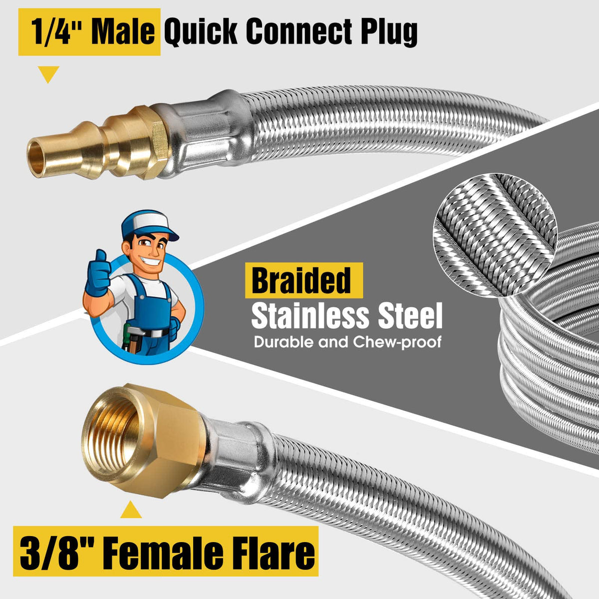 NQN stainless steel braided hose construction for durable RV propane connections