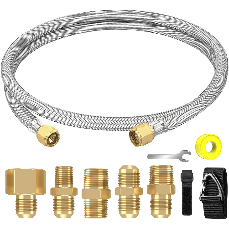 NQN 6ft propane hose extension with braided steel for outdoor versatility.