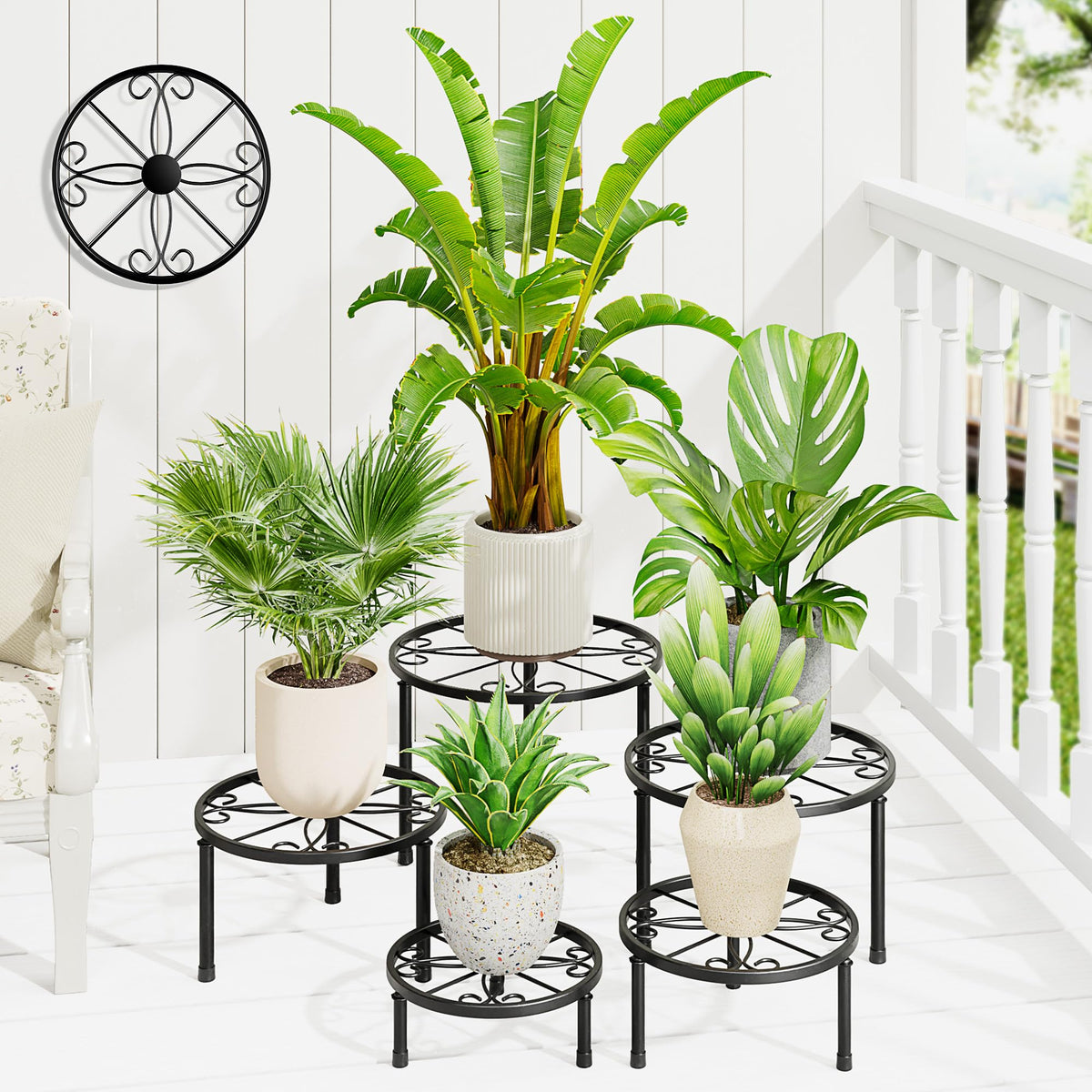 NQW 5-pack metal plant stands angled view showing tiered display for sun exposure