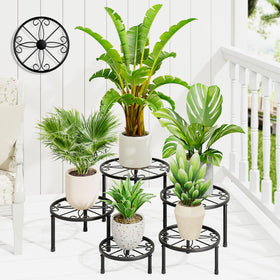 NQW 5-pack metal plant stands angled view showing tiered display for sun exposure