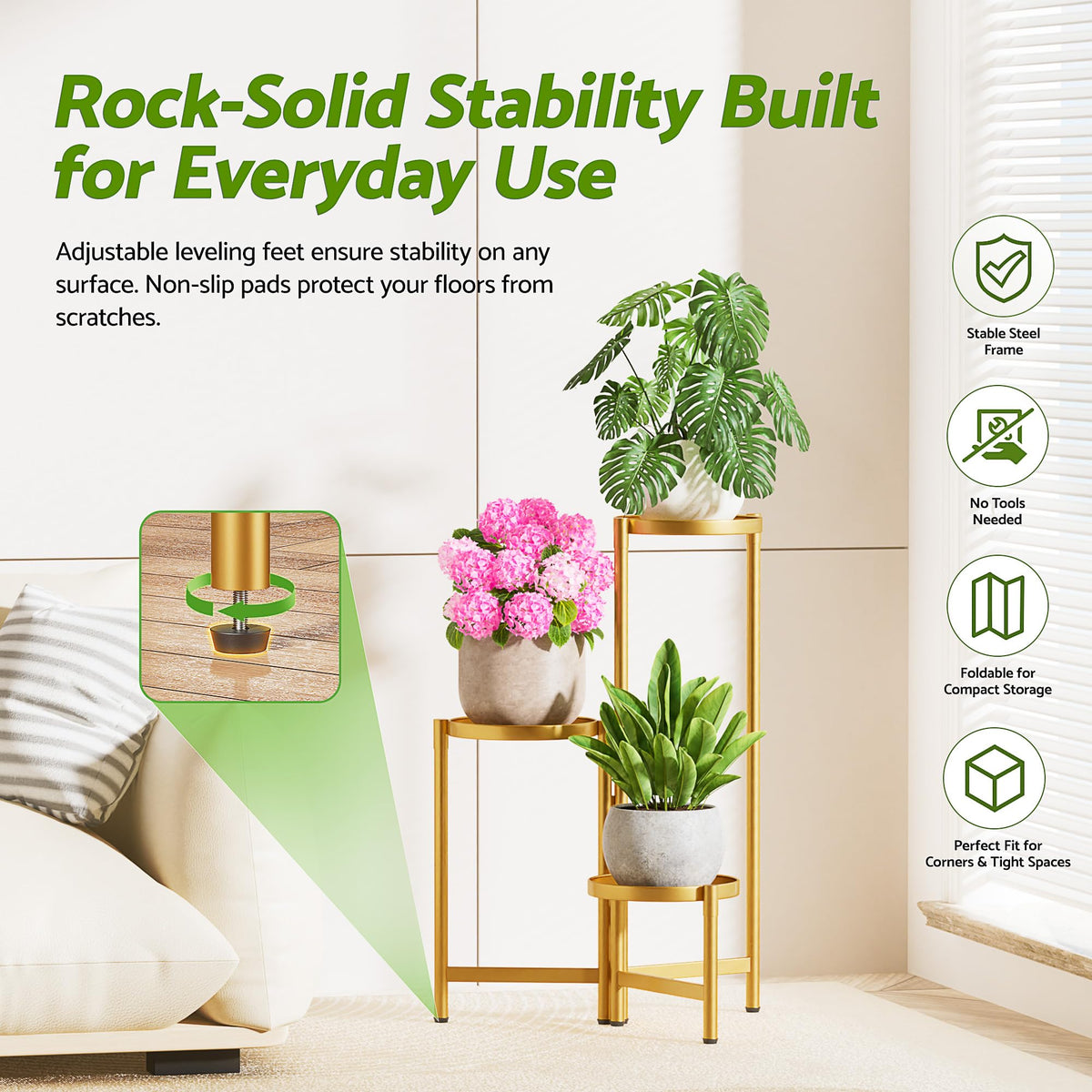 NQW gold plant shelf with 7.9-inch trays supports medium pots securely.