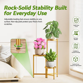NQW gold plant shelf with 7.9-inch trays supports medium pots securely.