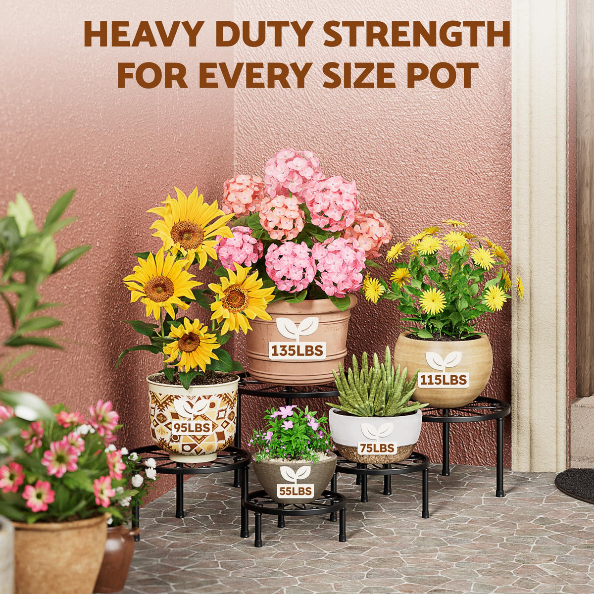 NQW heavy-duty capacity stand supporting pots up to 135 lbs