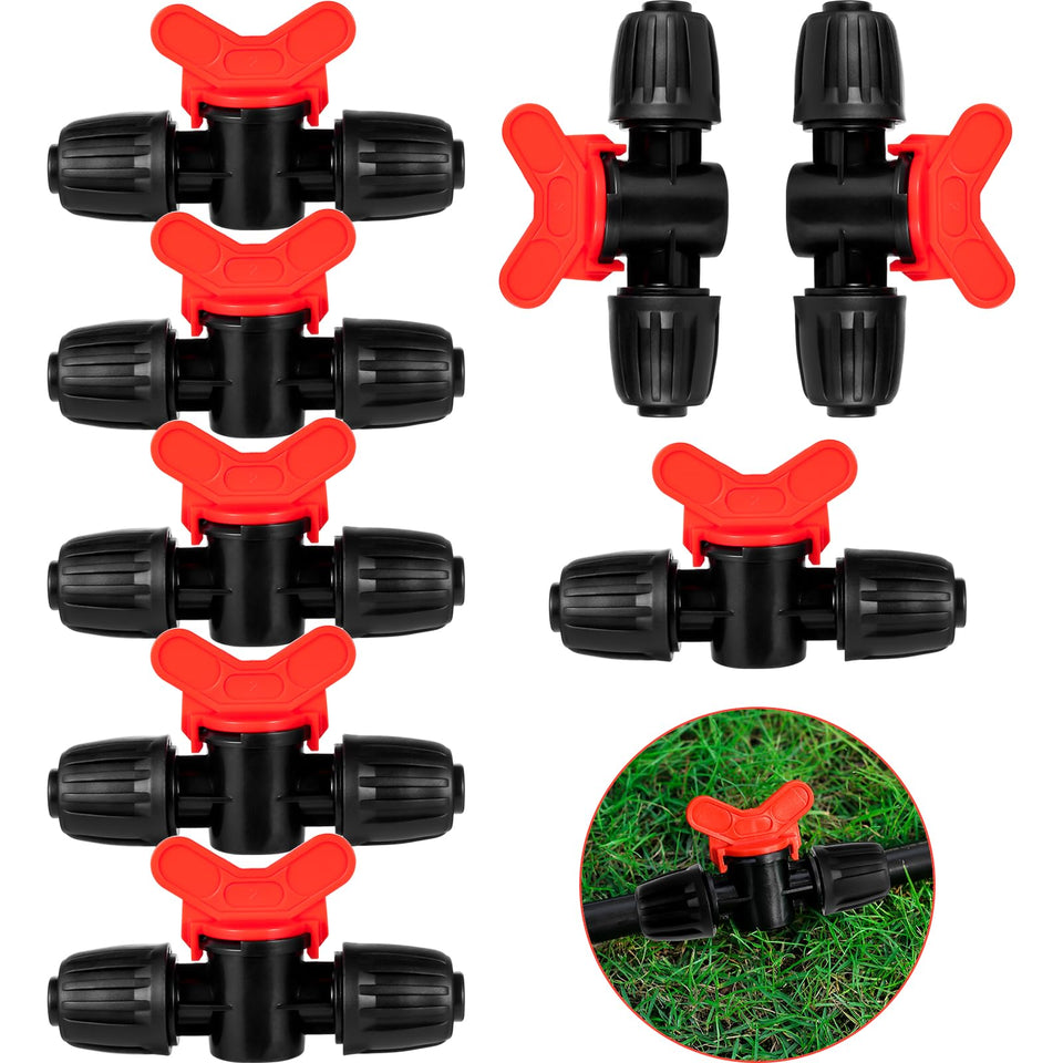 NRWRTY 8pc barbed switch valves installed on drip tubing for precise watering