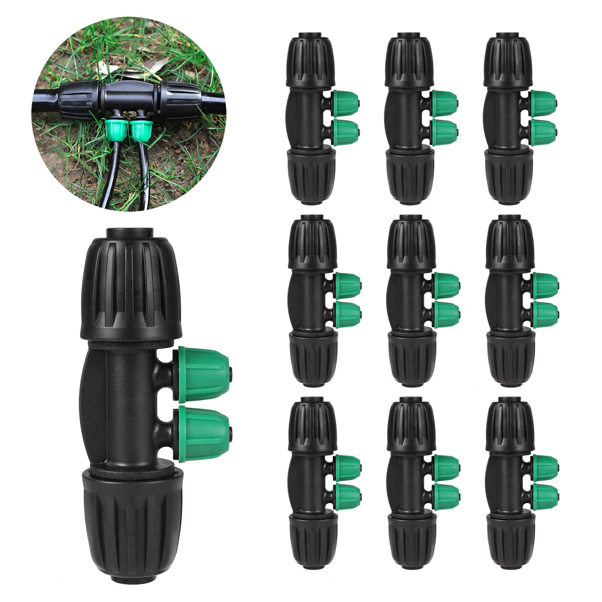 NRWRTY lock barbed tee 4-way connector enables precise irrigation distribution with a leak-free seal.