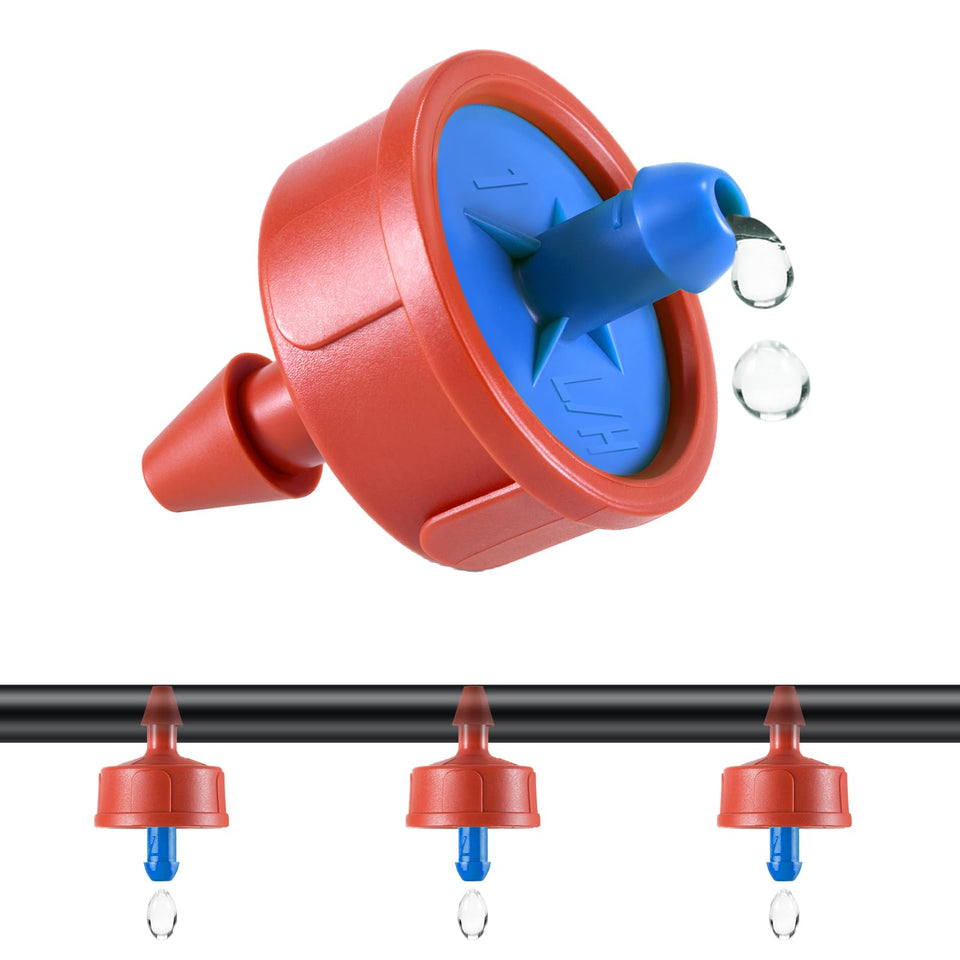 NRWRTY drip emitter close-up with blue core for steady, gentle watering of small plants.