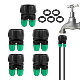 NRWRTY garden hose adapter demonstrates secure 2-way connection for 3/4 to 1/4 inch tubing.