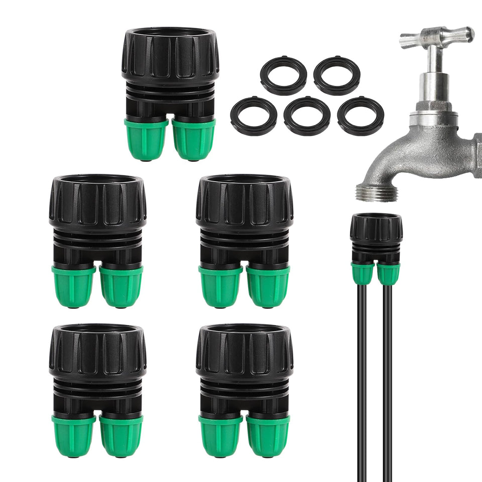 NRWRTY garden hose adapter demonstrates secure 2-way connection for 3/4 to 1/4 inch tubing.