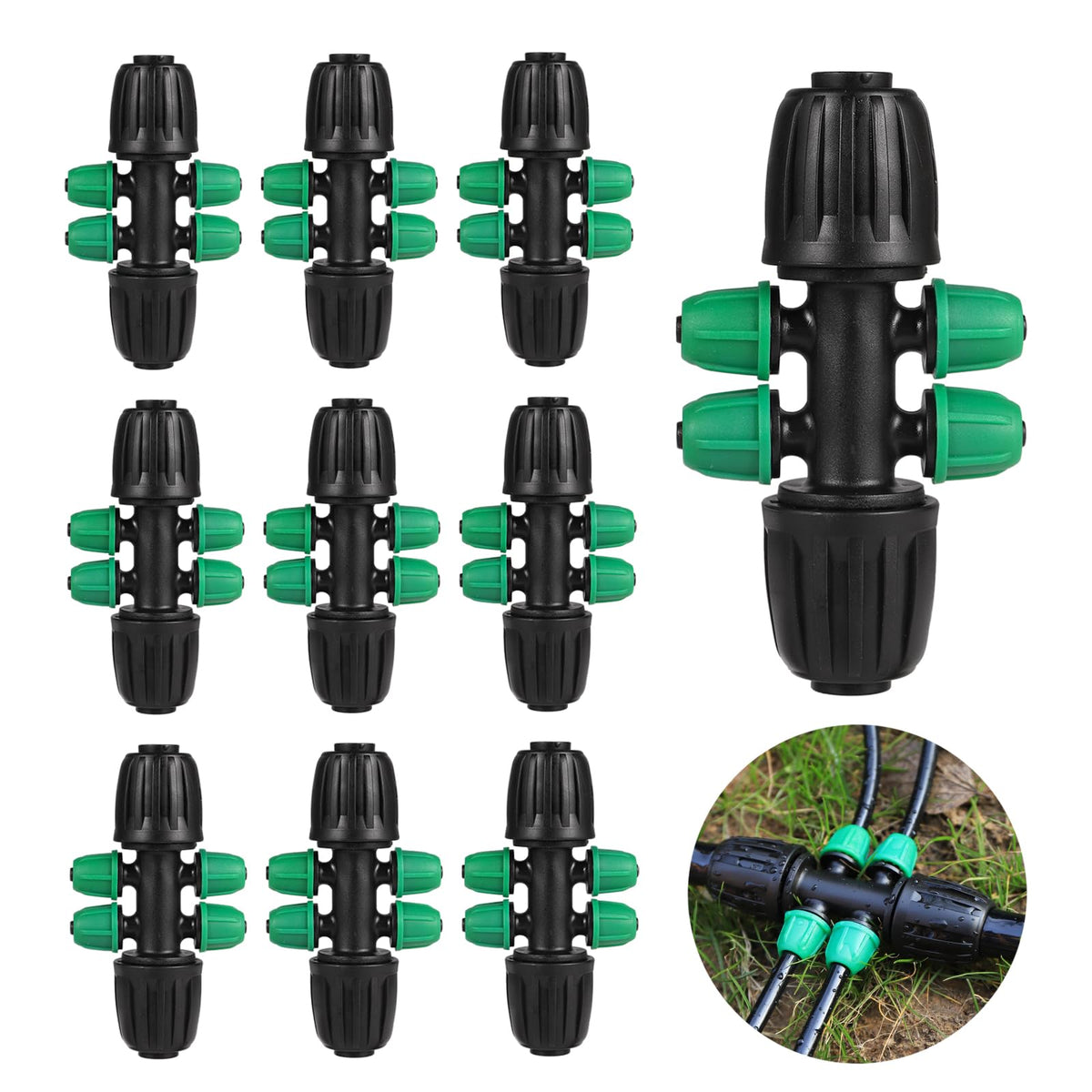 NRWRTY lock barbed tee 6-way connector demonstrating secure irrigation connections