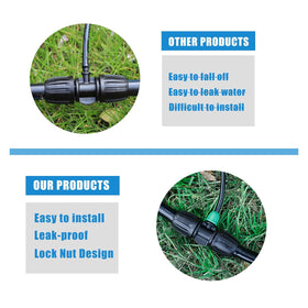 NRWRTY garden irrigation setup showing three-way distribution with barbed fittings