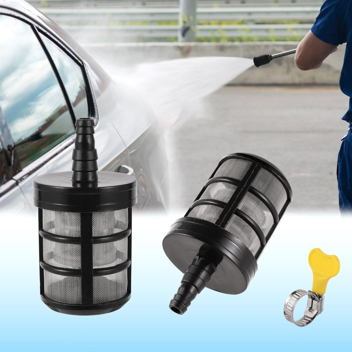 NRWRTY hose filter in use with garden sprayer and small pump