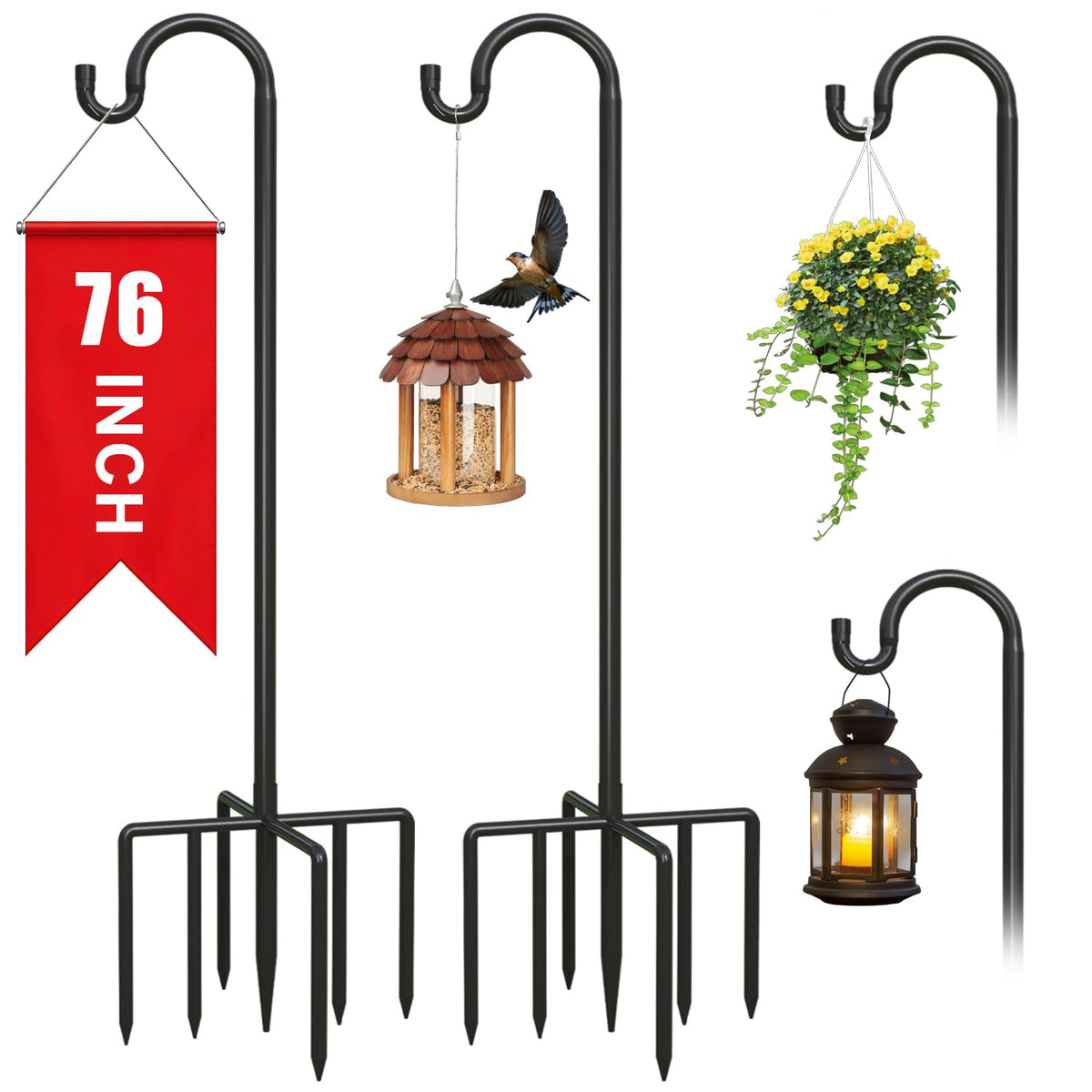 NSITEHALO 2-Pack 76-Inch Shepherds Hook base provides sturdy support for hanging items.