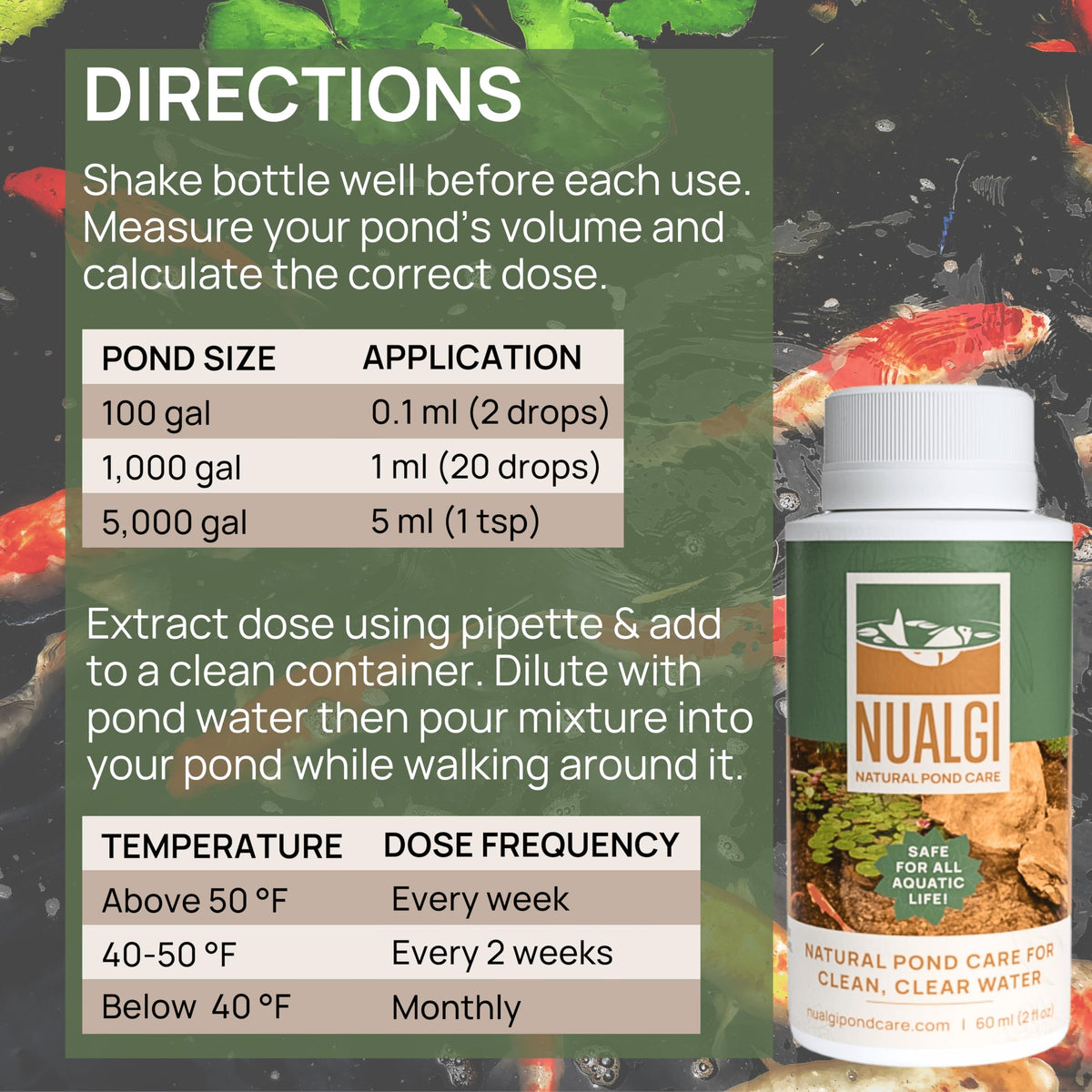 Nualgi Pond Care pro tip suggests pairing with other products for natural clarity.
