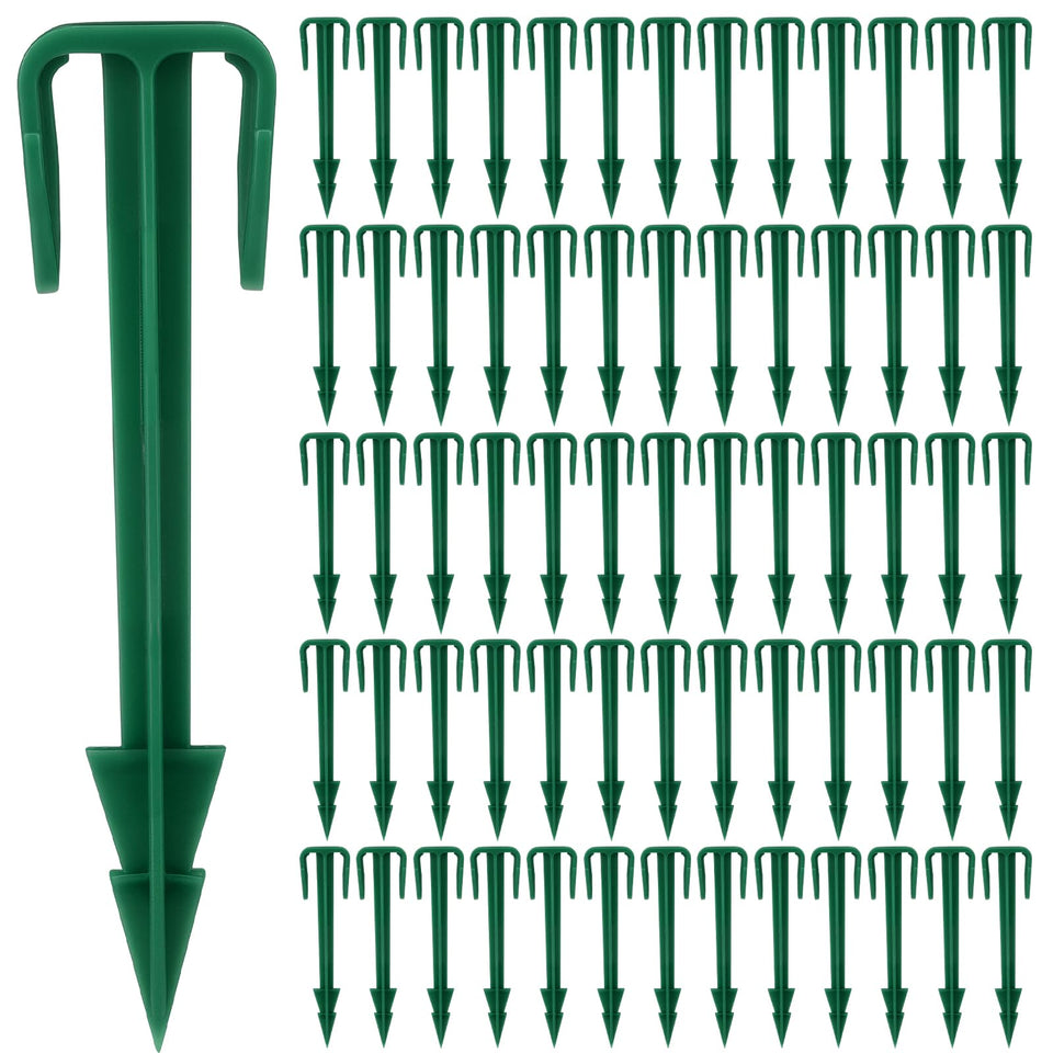 Nuanchu biodegradable garden stakes bulk pack securing landscape fabric in a lush lawn.