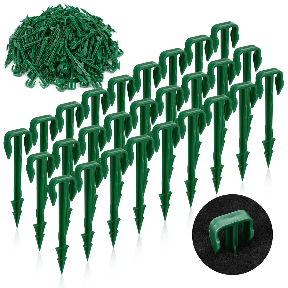Nuanchu biodegradable stakes 4-inch green pack securing landscape fabric safely.