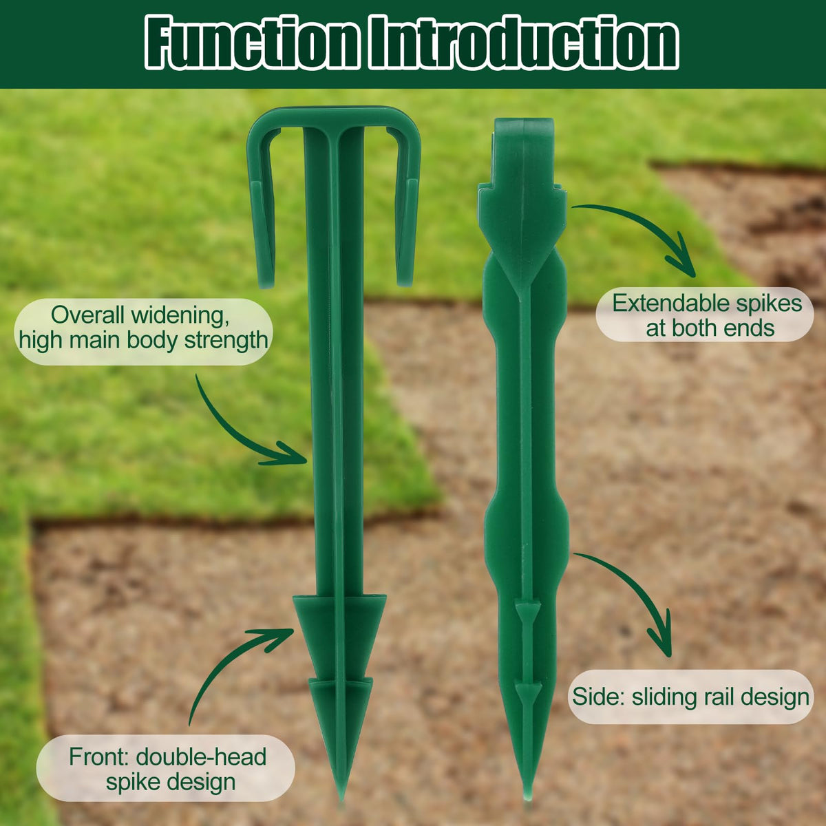 Nuanchu green stake placed in soil, blending with grass.