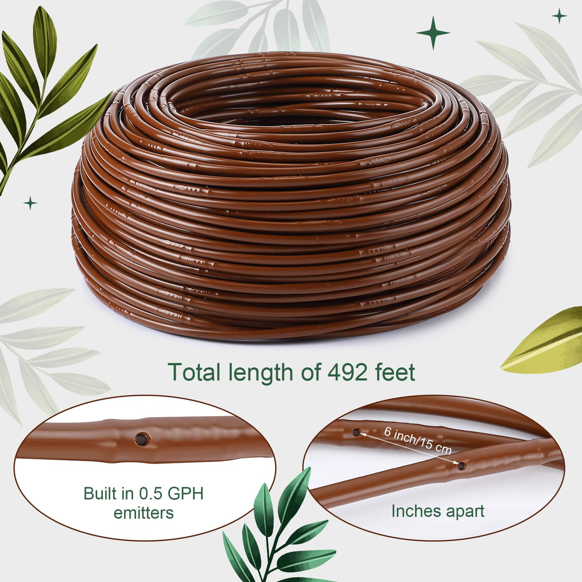 Nuanchu one-quarter-inch drip hose with 6-inch spacing emitters.