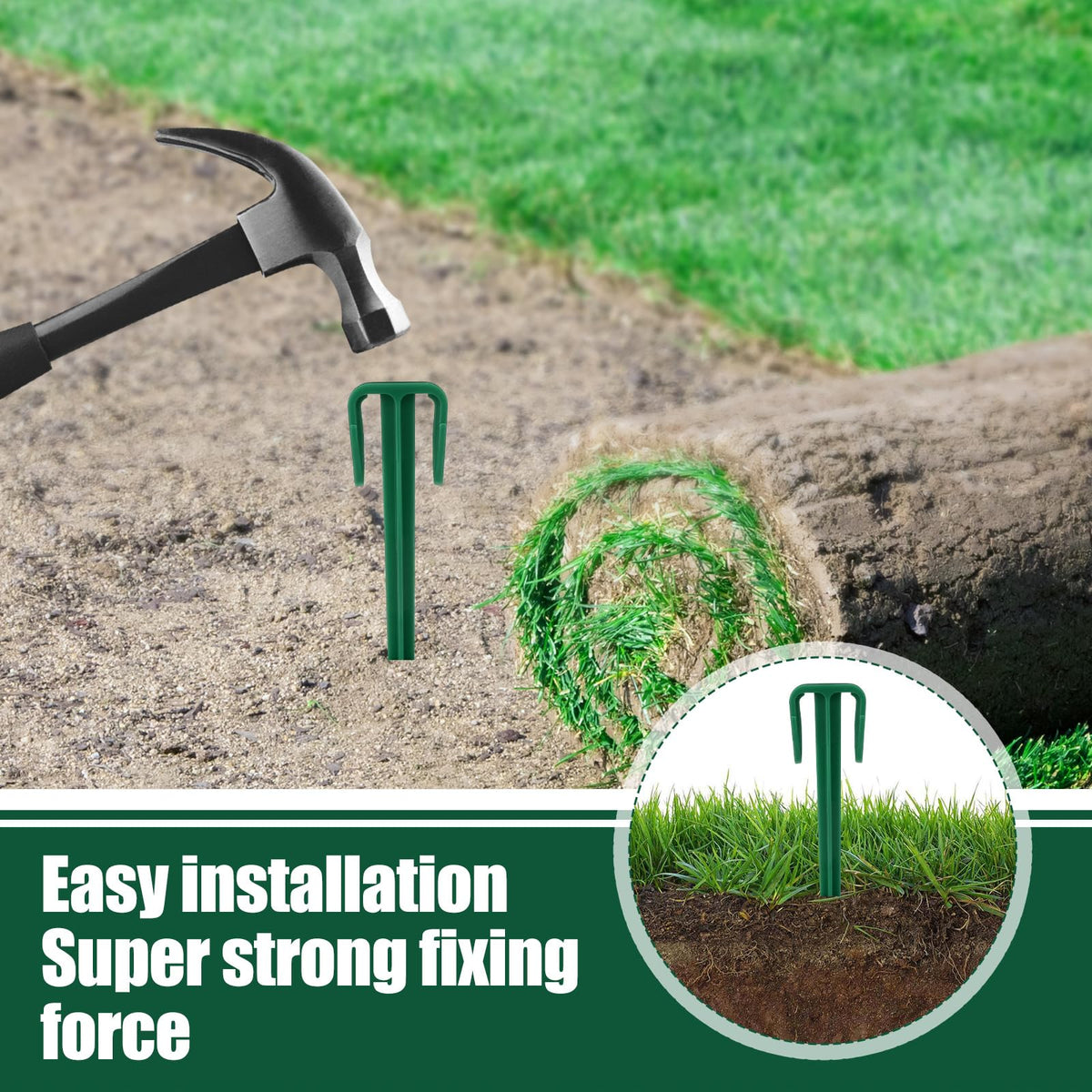 Nuanchu stake securing landscape fabric on uneven ground.