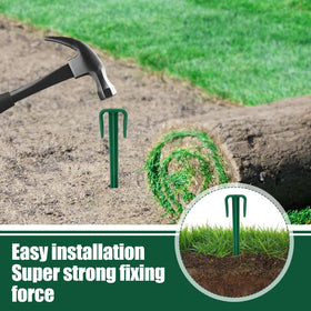 Nuanchu stake securing landscape fabric on uneven ground.