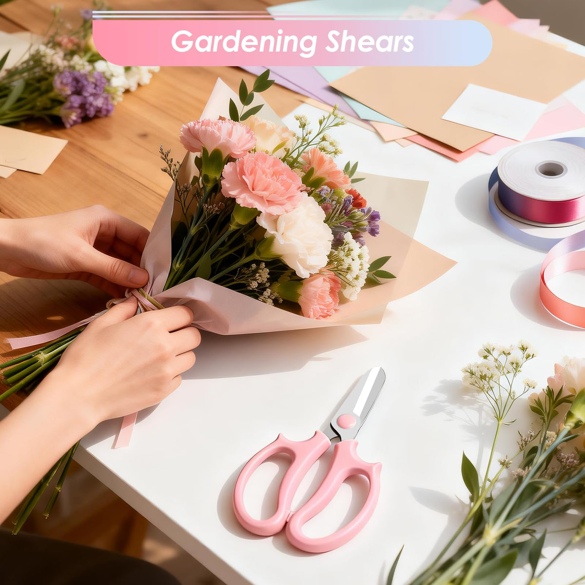 Nuepuxo flower scissors handle closeup—ergonomic grip for comfortable pruning.