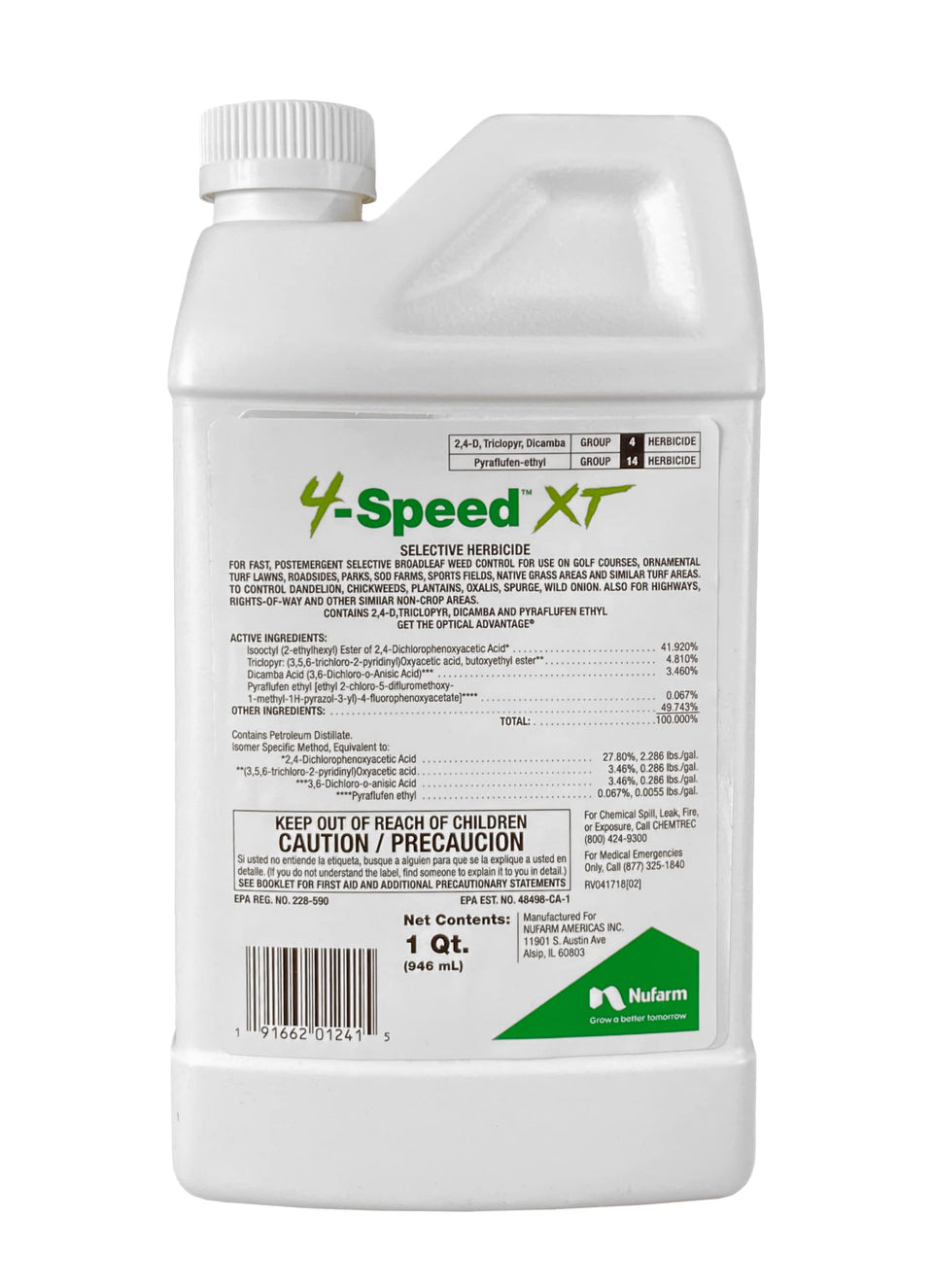 Nufarm 4-Speed XT bottle prepared for fast post-emergent weed control in turf.