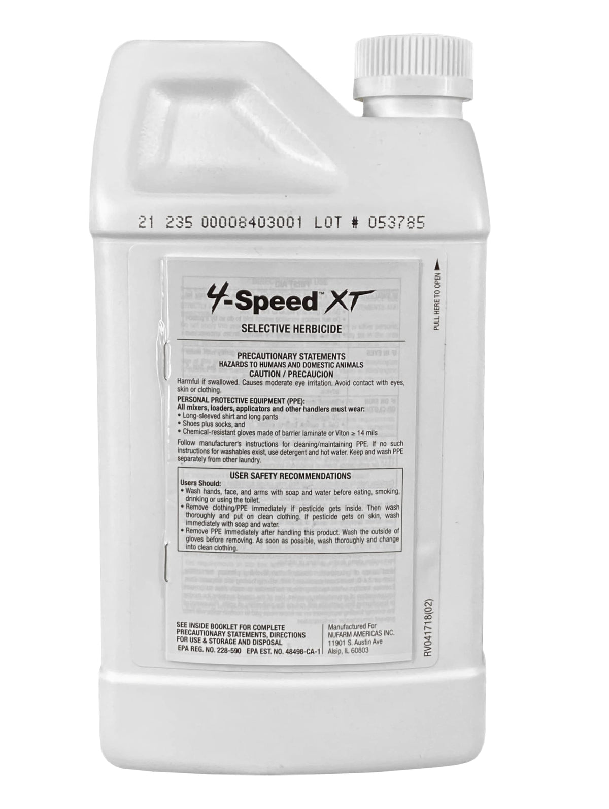 Close-up of the 4-Speed XT label showing active ingredients for broadleaf control.