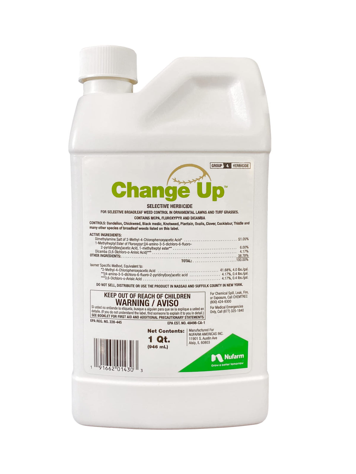 Nufarm Change Up bottle front demonstrates broadleaf weed control for lawns