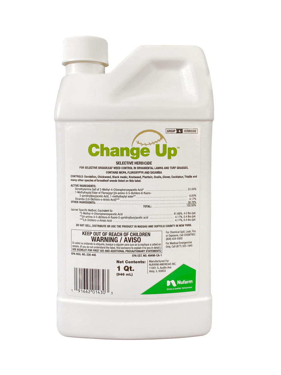 Nufarm Change Up bottle front demonstrates broadleaf weed control for lawns