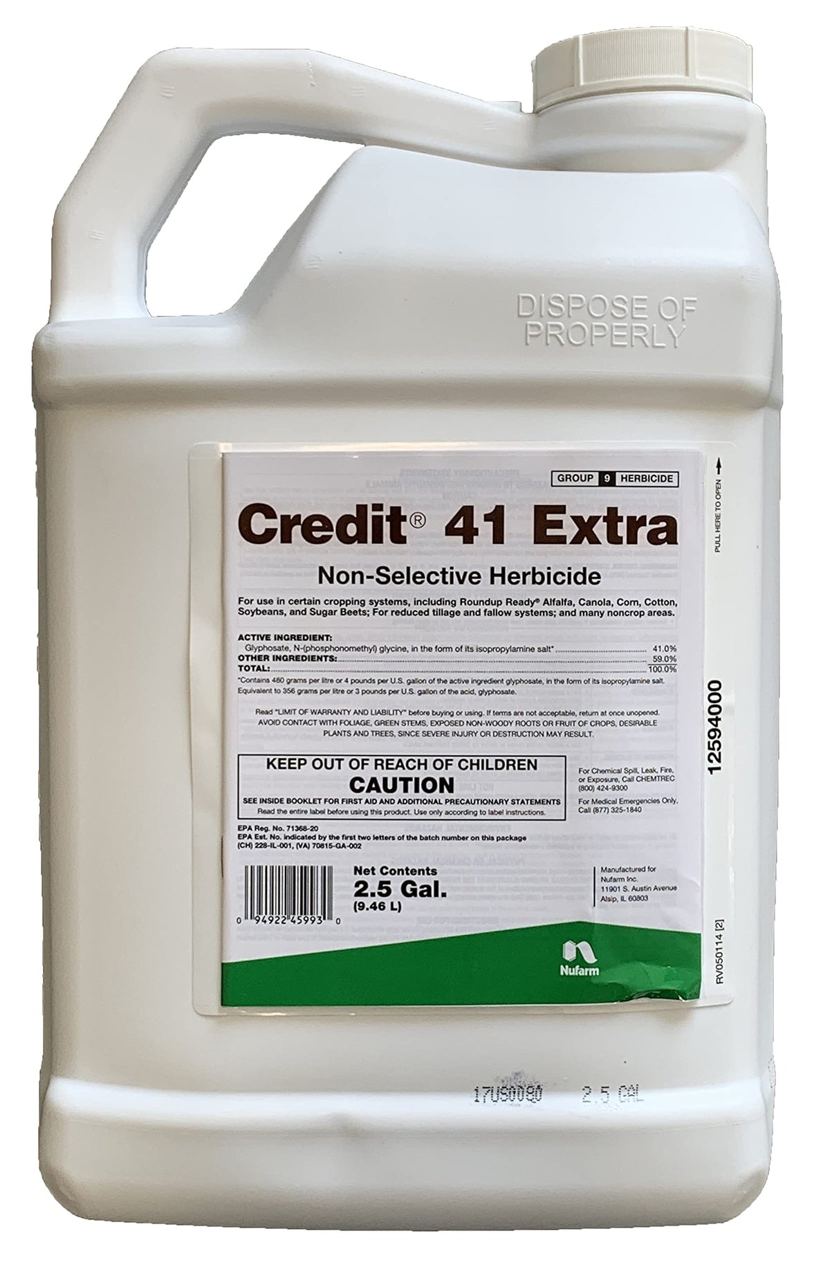 Nufarm Credit 41 Extra herbicide bottle shows concentrated glyphosate with surfactant for effective weed control.