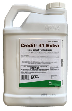 Nufarm Credit 41 Extra herbicide bottle shows concentrated glyphosate with surfactant for effective weed control.