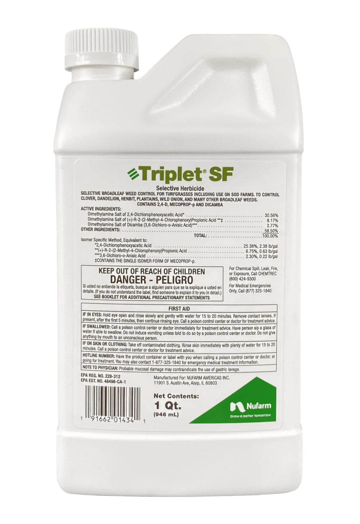 Nufarm Triplet SF bottle front view for convenient turf weed control planning