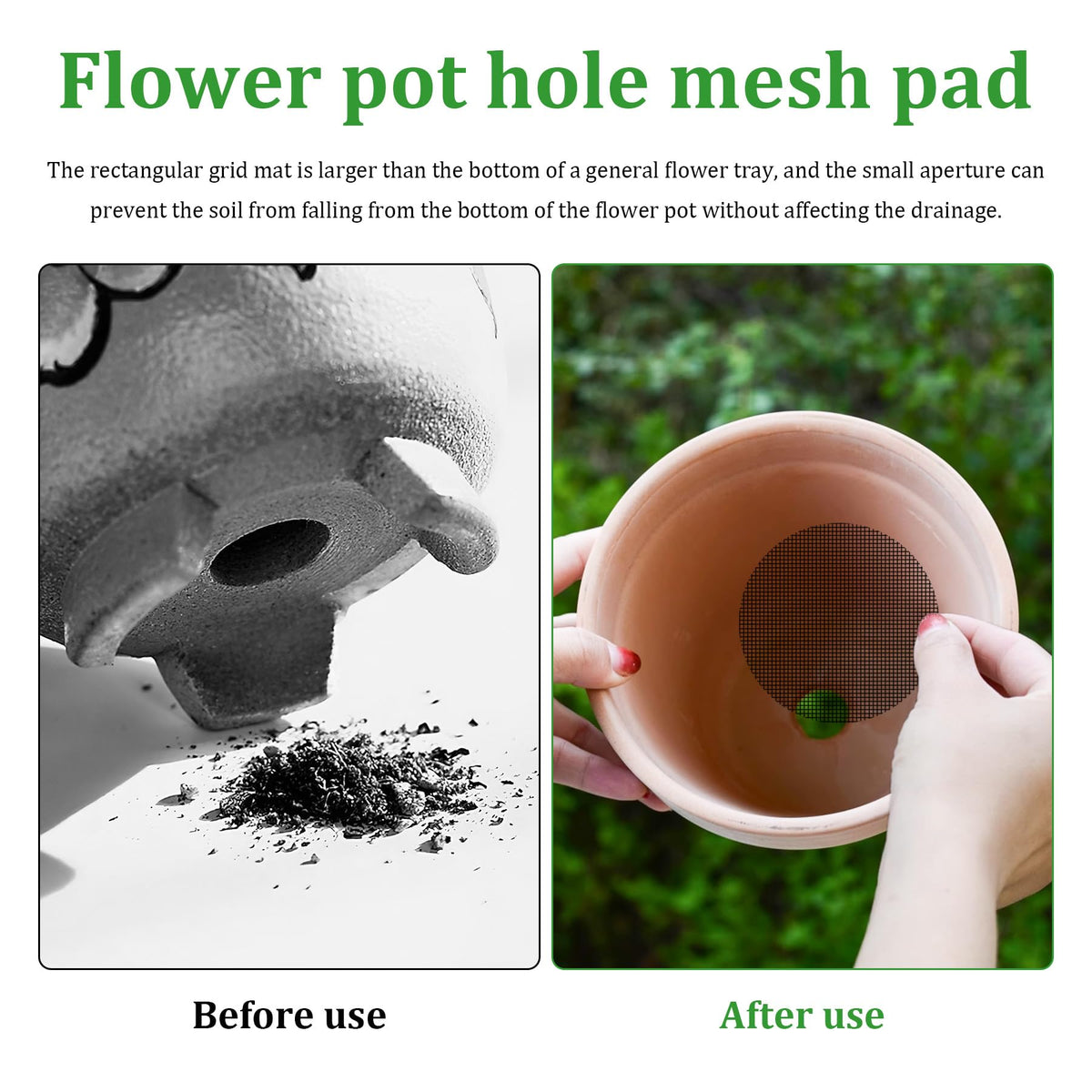 Nufiwra DIY bottom grid mat fit for various pot sizes to prevent soil loss.