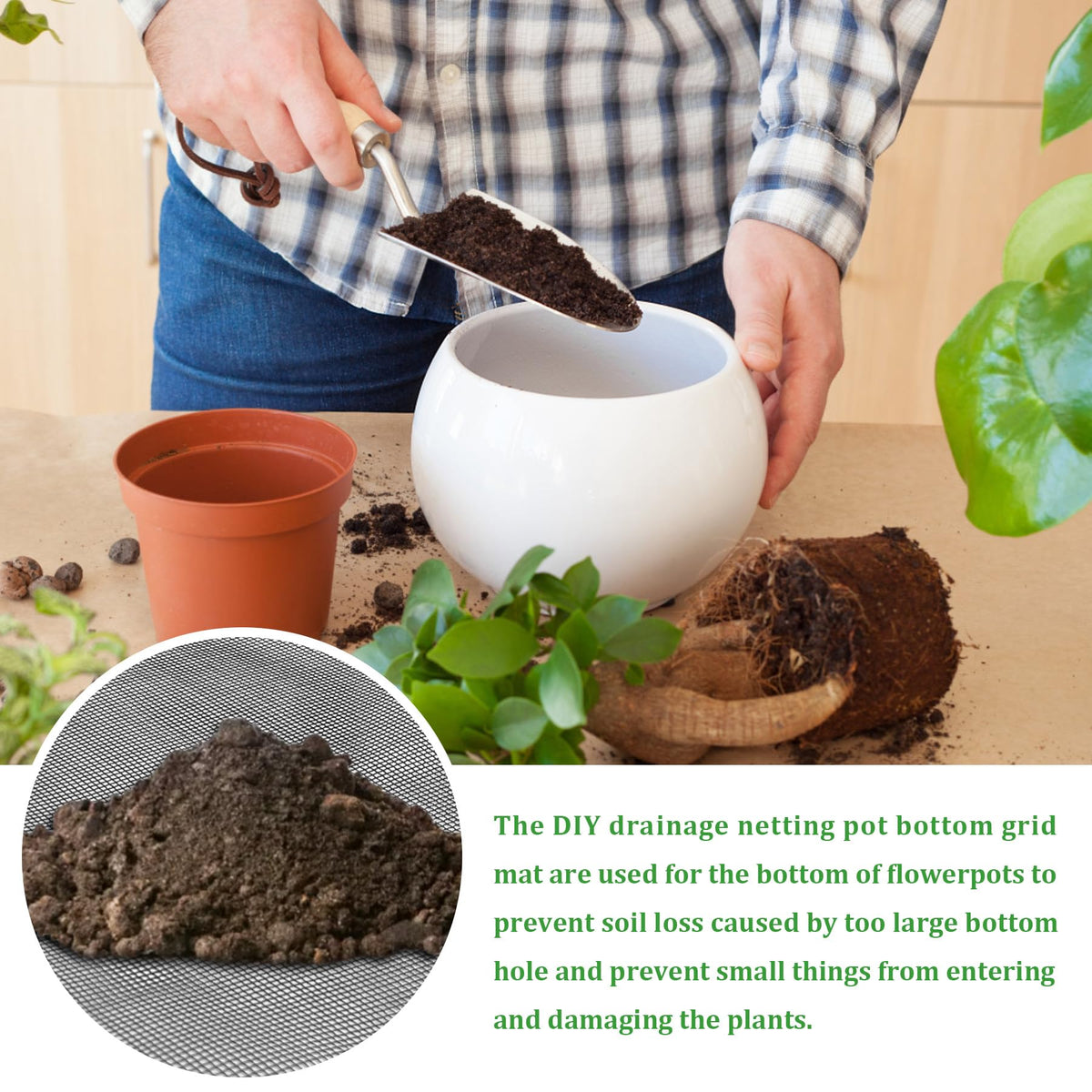 Prevent soil leakage from pot drainage with small-holed mesh by Nufiwra.