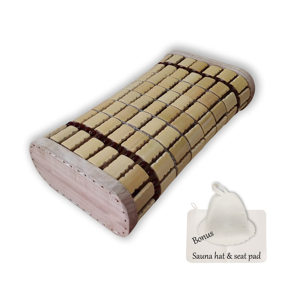 NUIBY bamboo sauna headrest closeup showing natural texture and ergonomic support