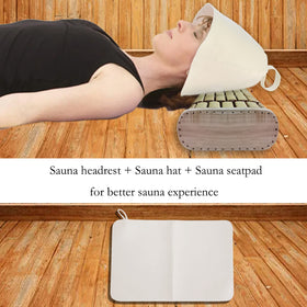 NUIBY bamboo sauna headrest in use for neck comfort during a spa session