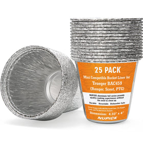 NUPICK 25-pack mini grease bucket liners ready for Traeger Ranger and Scout use, helping quick cleanups.