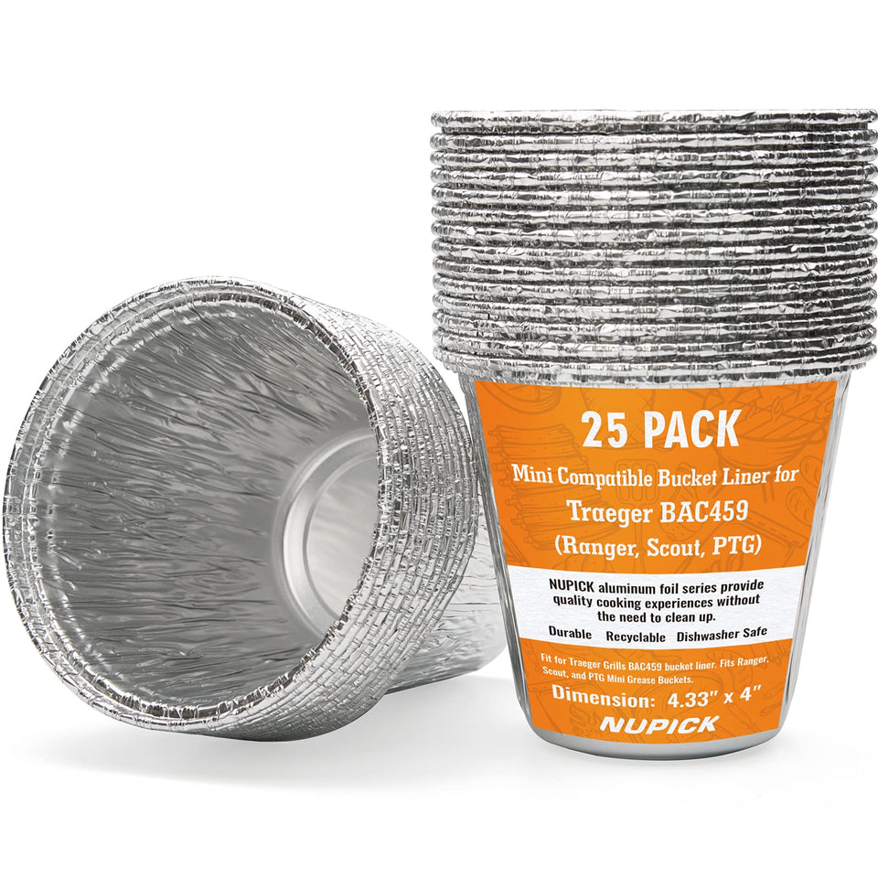 NUPICK 25-pack mini grease bucket liners ready for Traeger Ranger and Scout use, helping quick cleanups.