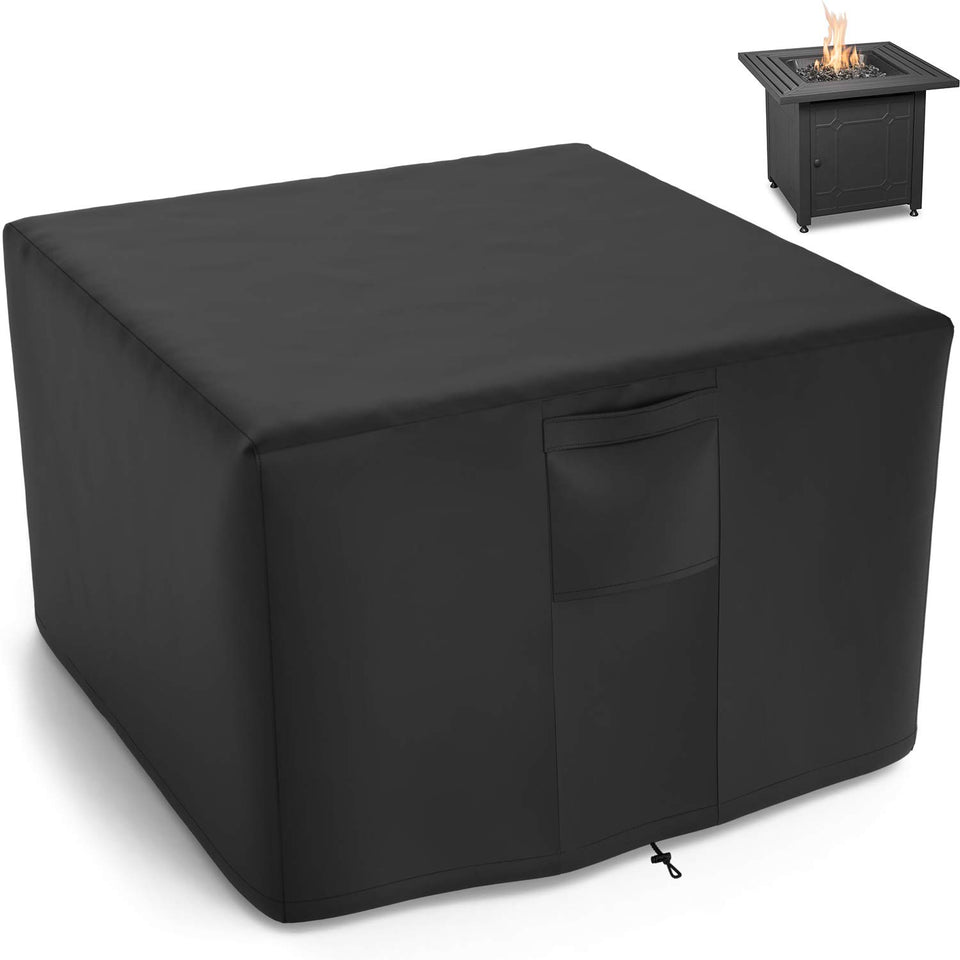 NUPICK 30in square fire pit cover on patio protects from weather and debris.