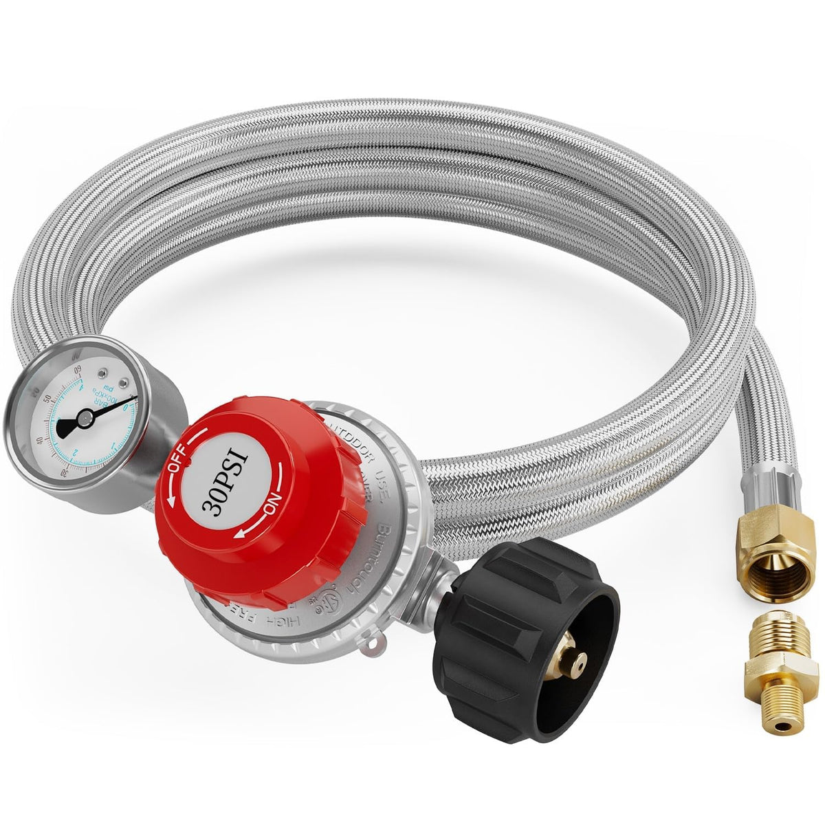 NUPICK 6ft regulator with hose enables precise flame control for outdoor cooking.