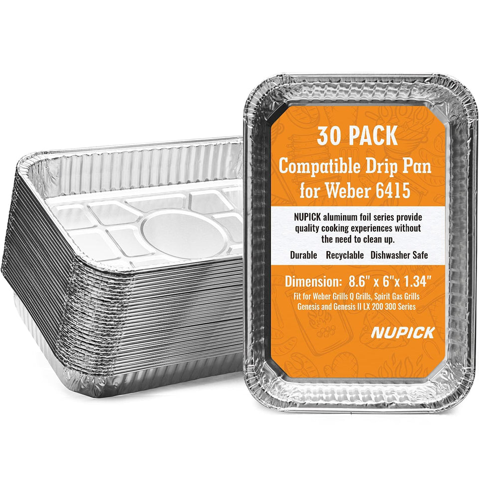 NUPICK 30-pack grill drip pans for Weber, clean-up friendly and mess-reducing.