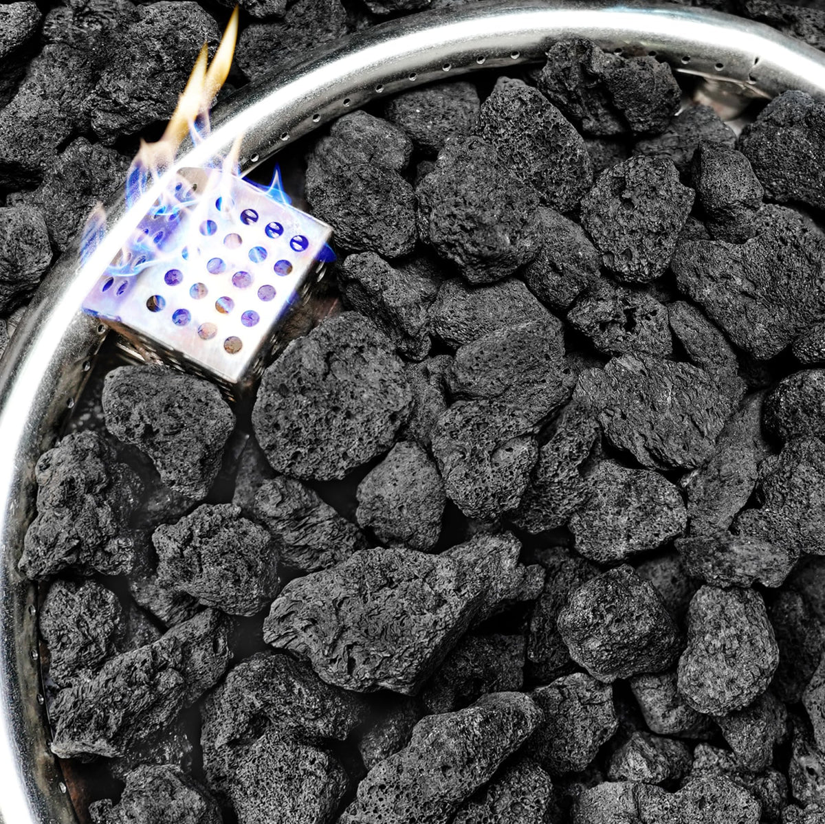 NUPICK lava rock in a fire pit for clean, even heat distribution.